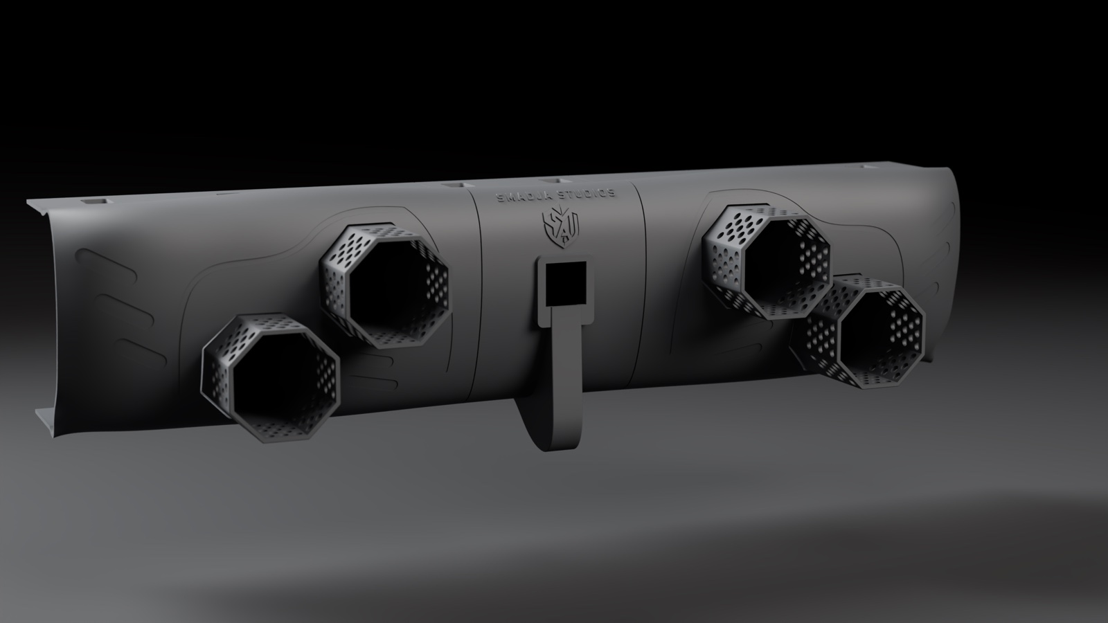 Four octagonal backfire tips set into the GT rear diffuser, brake light in the center, studio render