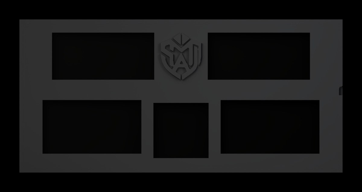 The control center (upper dash module), studio render, with its five gauge screens live