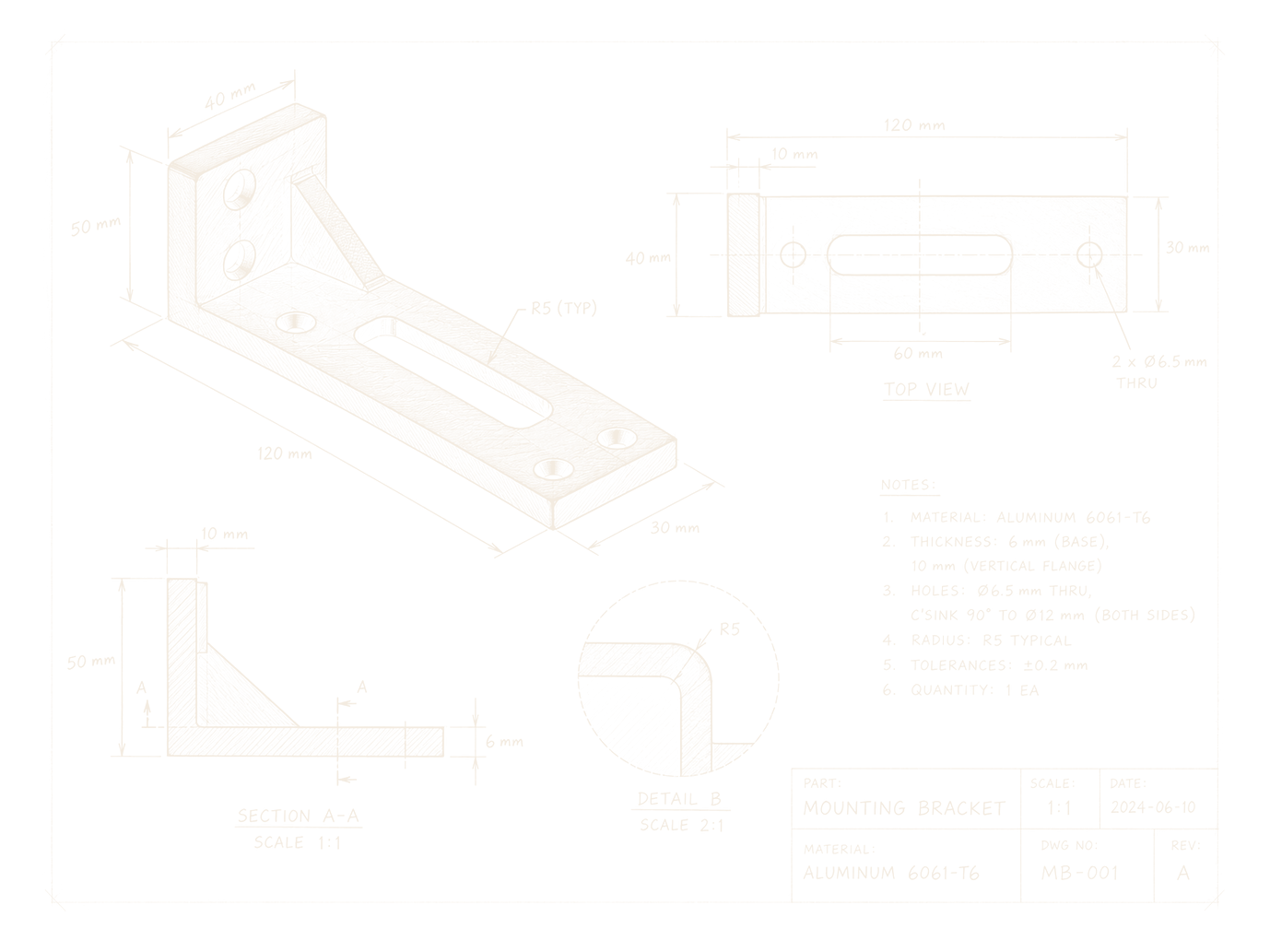 Chalk technical drawing of an aluminium mounting bracket with its views, section and title block