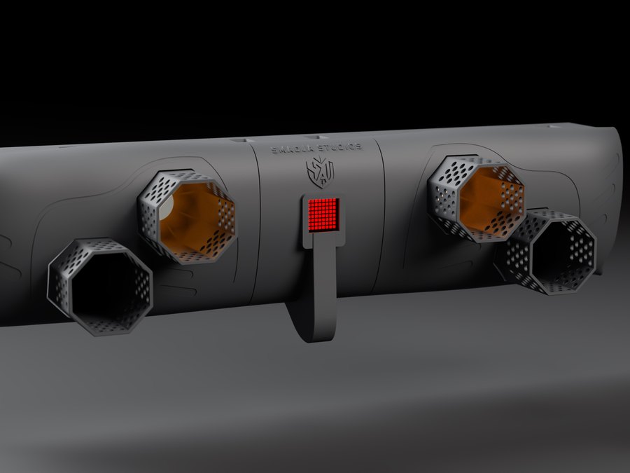The GT rear diffuser with exhaust tips glowing and the brake light lit, studio render