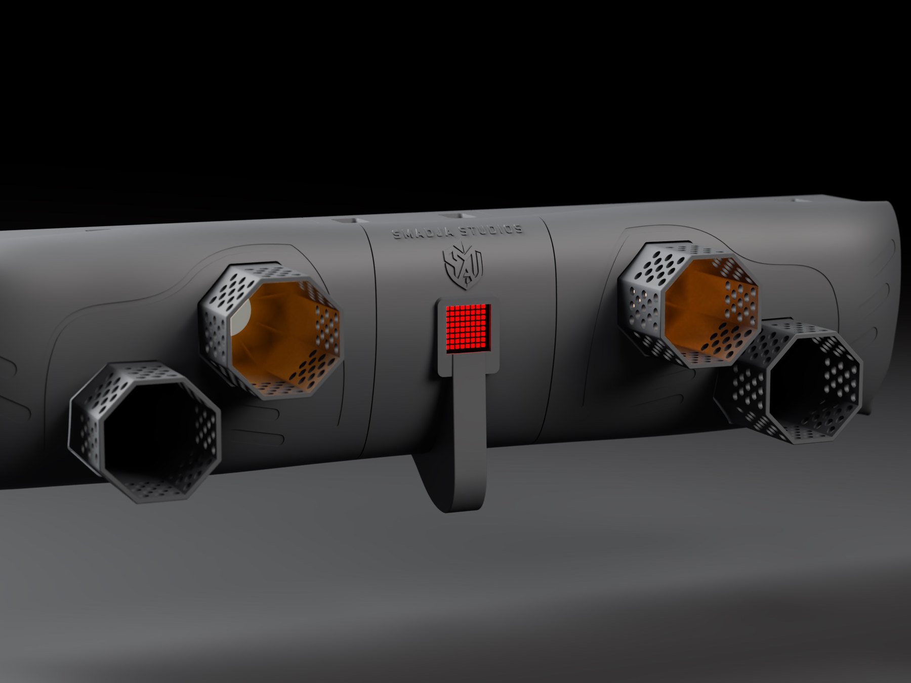 The GT rear diffuser with four backfire tips and the brake light lit, studio render