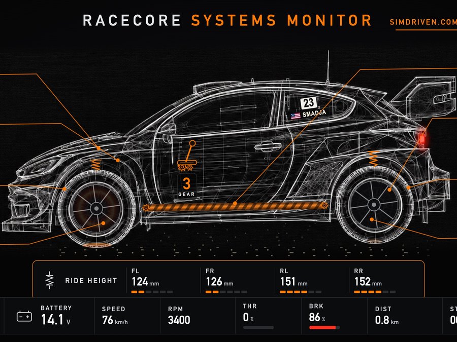 RACECORE drawing a rally car as a technical blueprint with live systems around it