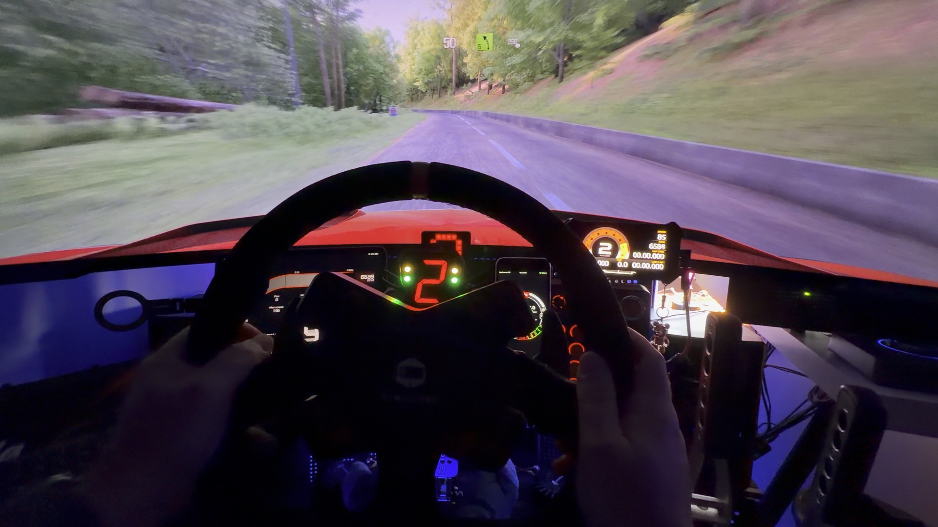 Driver's view from Adam's cockpit during a rally stage: wheel, lit dashboard displays and the forest road on the screen
